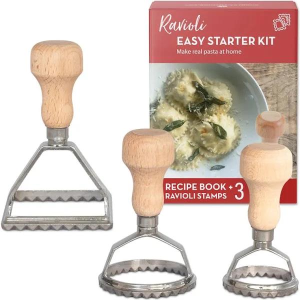 Ravioli Maker Set | 3 Stamps + Italian Recipe Book | Pasta Making Kit | Easy Grip Wooden Handles | Round and Square Cutters