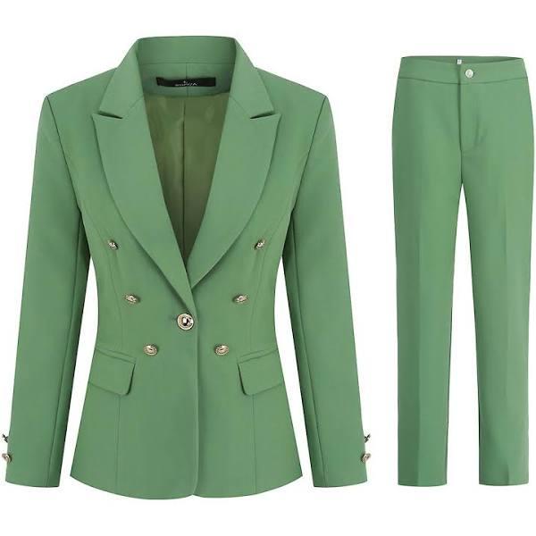 Yynuda Womens 2-Piece Elegant Business Formal Wear Office Lady Double Breasted Slim Fit Suit (blazer + Pants) Green 2XL