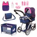 Bayer Milano Doll Pram Mega Set - Dark Blue With Pink Hearts