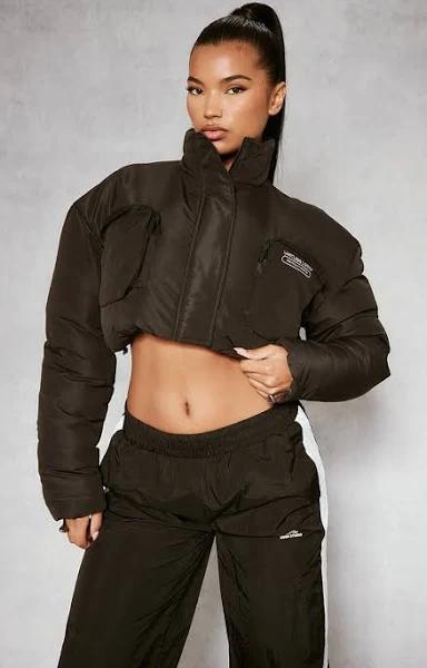 PrettyLittleThing Black Pocket Front Cropped Puffer Jacket - Size S