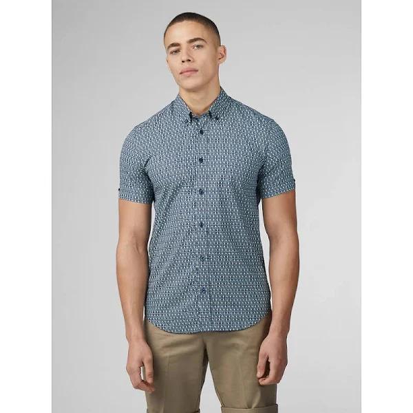 Ben Sherman Geo Spot Print Short Sleeve Shirt Petrol Blue X-Small