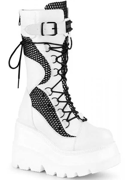 Demonia SHAKER-70 White Vegan Leather-Blk Fishnet UK 9