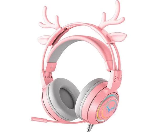 Pink Antlers Stereo Gaming Headset,Noise Cancelling Over Ear Headphones with Mic, Led Light