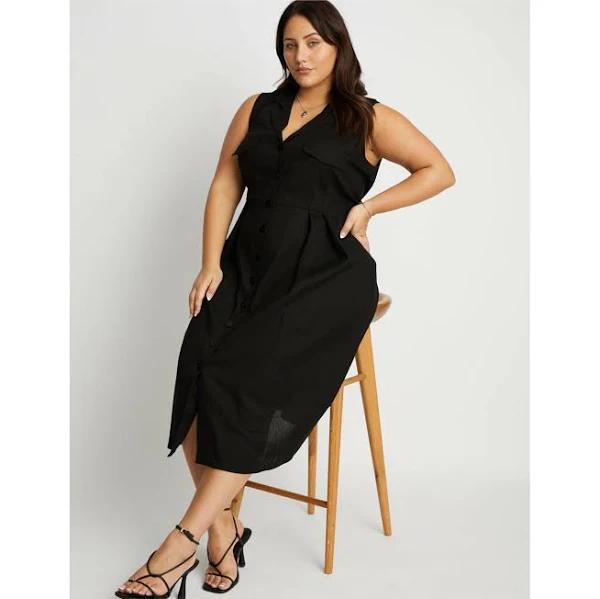 Beme - Plus Size - Womens Midi Dress - Black - Summer Casual Linen Shirt Fashion - Black - Sleeveless - Solid - - Women's Clothing