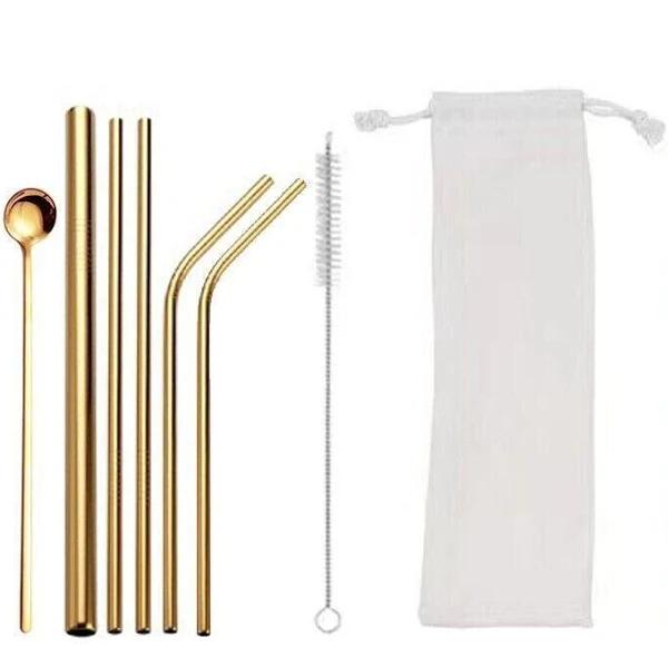 Reusable 304 Stainless Steel Straws Metal Drinking Washable Straw Brushes Set 1 Gold Set 1