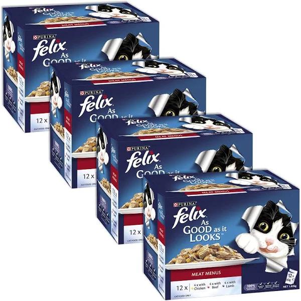 Felix Multipack Meat Menu Chicken Lamb Beef in Jelly Pouches Wet Cat Food 85gm x 48 by Budget Pet Products