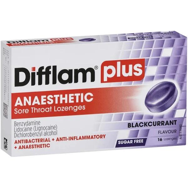 Difflam Plus Anaesthetic Sore Throat 16 Lozenges Blackcurrant