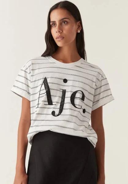 AJE Classic Embellished Logo Tee in Colour Black/White Stripe Size S