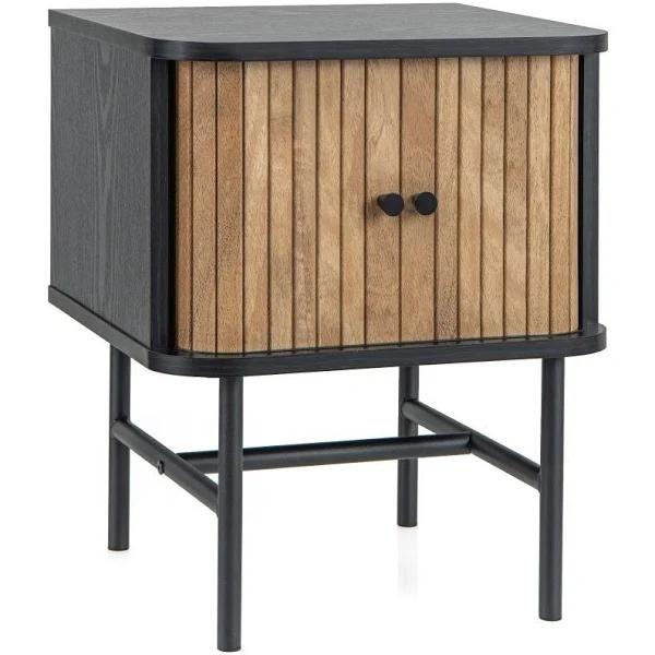 Giantex Modern Nightstand Bedside Storage Table w/Sliding Doors & Metal Legs Floor Side Table Bedroom Living Room Black