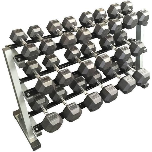 Muscle Motion 10kg - 40kg (10 Pair) Rubber Hex Dumbbell Set with 3 Tier Rack