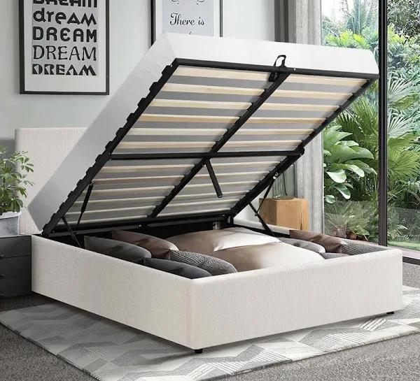 Elena Single Boucle Gas Lift Storage Bed in White