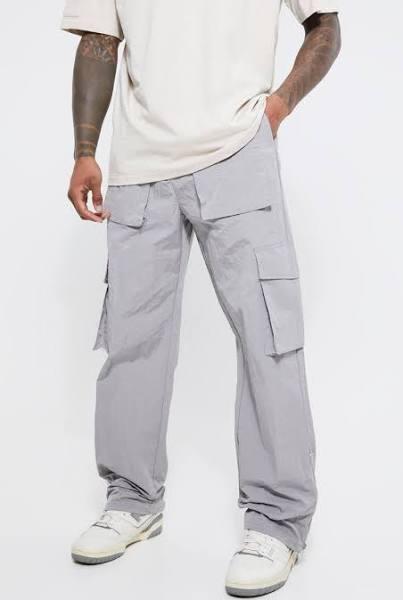 Mens Grey Elastic Relaxed Heavy Crinkle Cargo Trouser