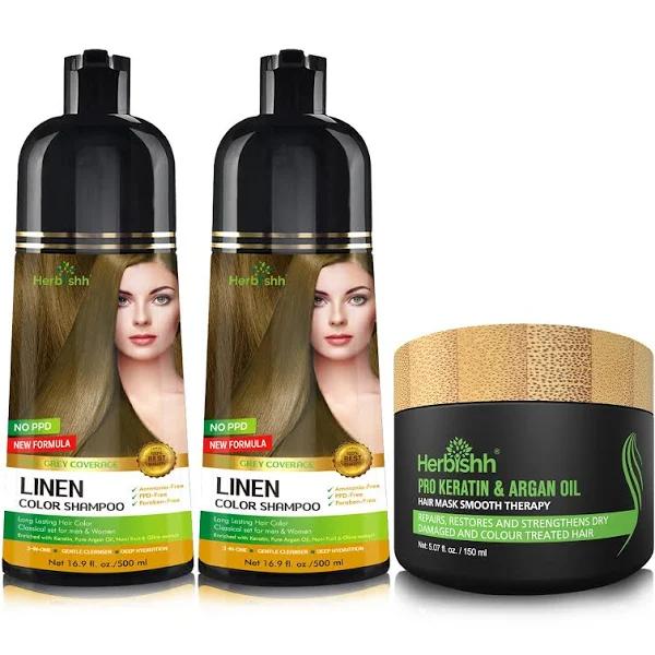 Herbishh Ultimate Hair Color Shampoo Kit(2Pcs Hair Color Shampoo+ 1Argan Hair Mask) for Grey Hair Permanent Hair Color Shampoo for Men and Women