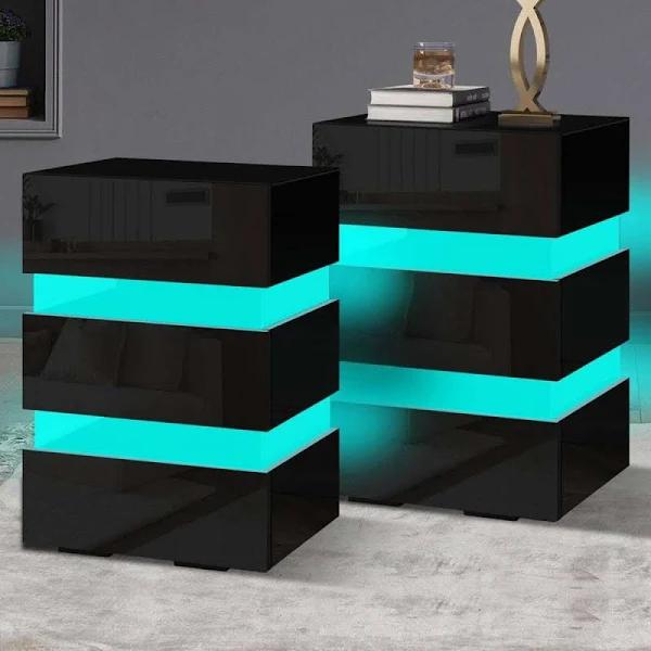 ALFORDSON 2x Bedside Table - Annot 3 Drawers Led & High Gloss Nightstand (Black)