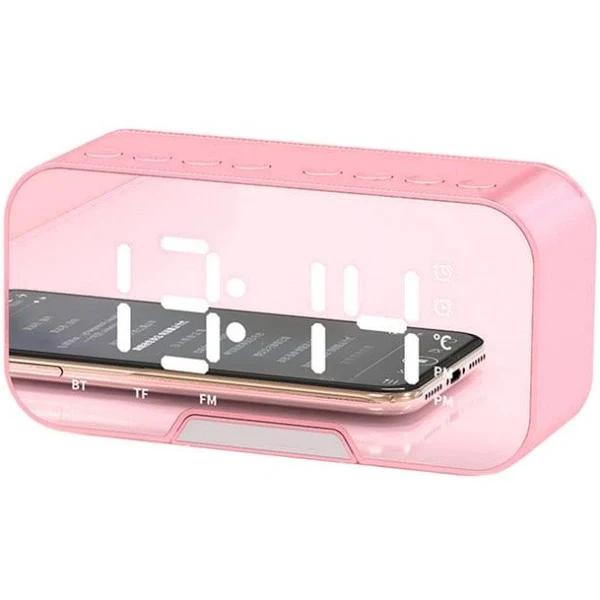 Alarm Clock Radio Creative Mirror LED Display Portable LED Clock Wireless Bluetooth-compatible Speaker for Bedroom-Pink