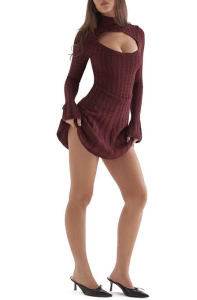 House of CB Evalina Cutout Long Sleeve Knit Minidress Burgundy