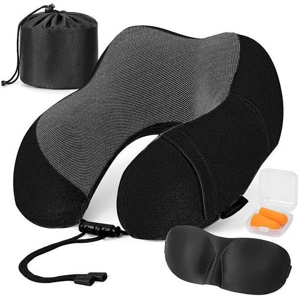 Travel Memory Foam Neck Pillow With Eye Massage and Earplugs - Black