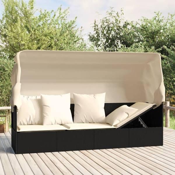 vidaXL Outdoor Lounge Bed With Roof and Cushions Black Poly Rattan