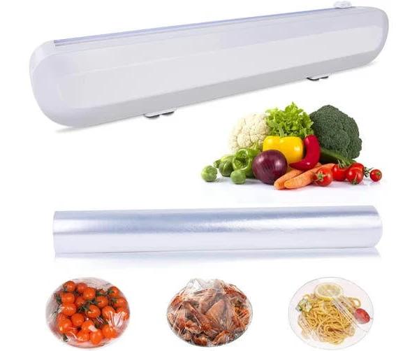 Plastic Wrap Dispenser with Cutter Refillable Cling Wrap Reusable Plastic Wrap Cutter Includes A Roll of Cling Film Suitable For Household Aluminum