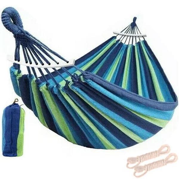 Outdoor Double Hammock Bed Swinging Camping Hanging Tree Strap Hook (Blue Hammock)