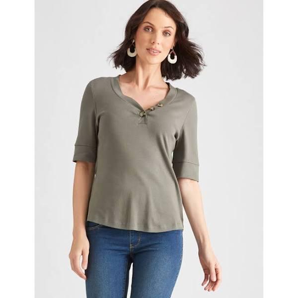 Katies Short Sleeve Rib Button Top Khaki M