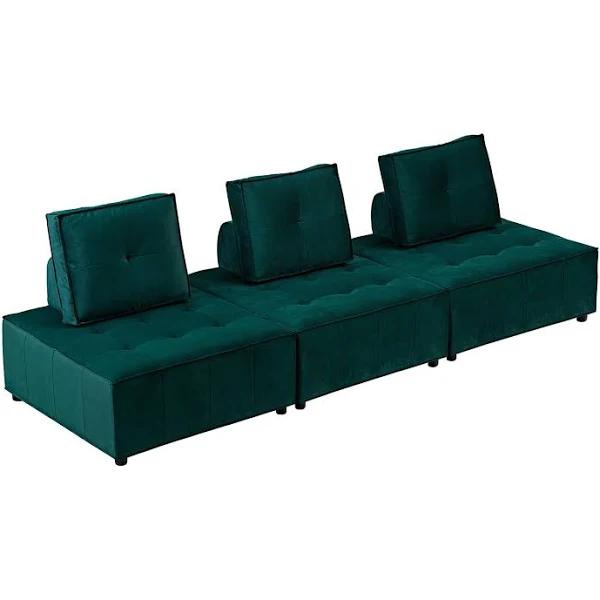 Foret 3pc Armless Seat Modular Extension Ottoman Couch Velvet Sofa 4 Colors - Green