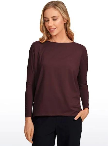 CRZ Yoga Women's Casual Loose Fit Pima Cotton Long Sleeves Boat Neck Dark Red / L