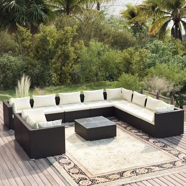 vidaXL 11 Piece Garden Lounge Set With Cushions Black Poly Rattan