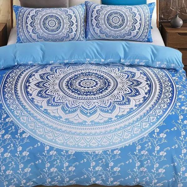 Luxton Boho Mandala Blue Quilt Cover Set - Size Queen