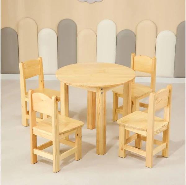 60cm Round Wooden Kids Table and 4 Wooden Chairs Set Pinewood Childrens Desk