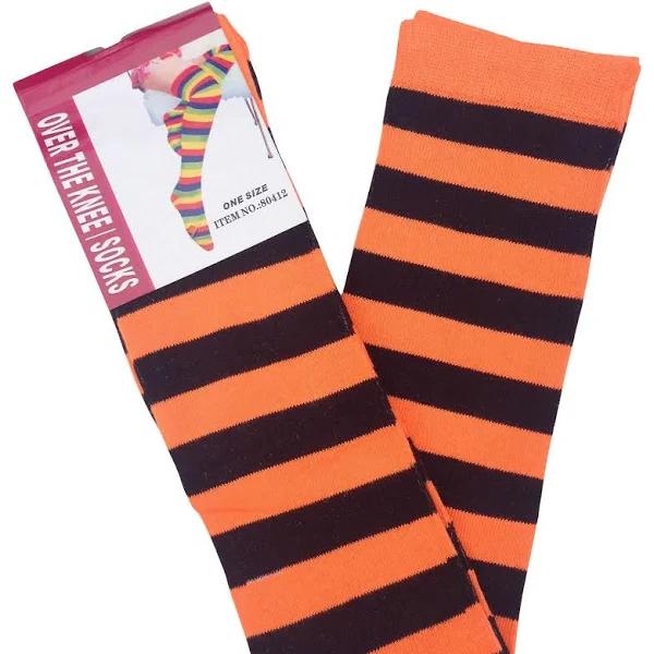 Over The Knee Socks Plain Striped High Thigh Ladies Long Womens Stripey Stocking - Orange/Black