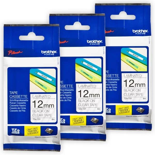 3-Pack Brother TZe-131 12mm Black Text On Clear Laminated Tape - 8 Meters (Genuine)