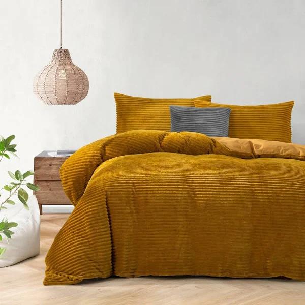 Embossed Teddy Fleece Quilt Cover Set Mustard King Single