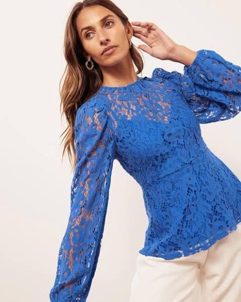 Atmos&Here - Women's Blue Lace Tops - Vida Lace Long Sleeve Top - Size 6 at The Iconic