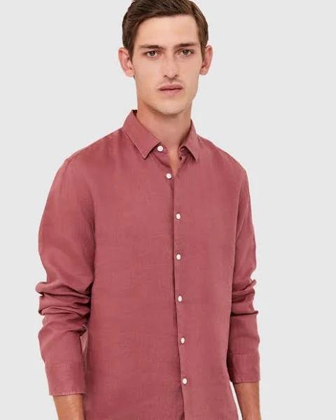 Saba Men's Anderson Long Sleeve Classic Linen Shirt in Sangria Red Size 2XL