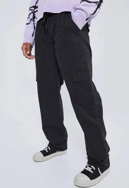 Mens Black Elastic Waist Relaxed Fit Cargo Trouser