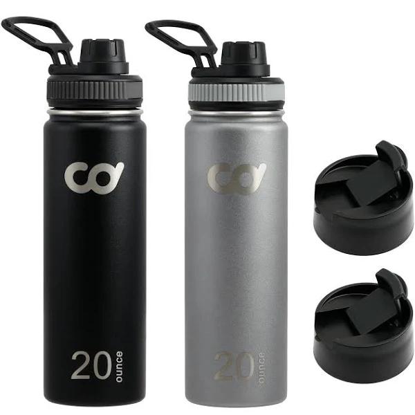 CyclingDeal 2 x Stainless Steel Vacuum Insulated Double Wall Water Bottles 20oz (591ml) Black + Gray