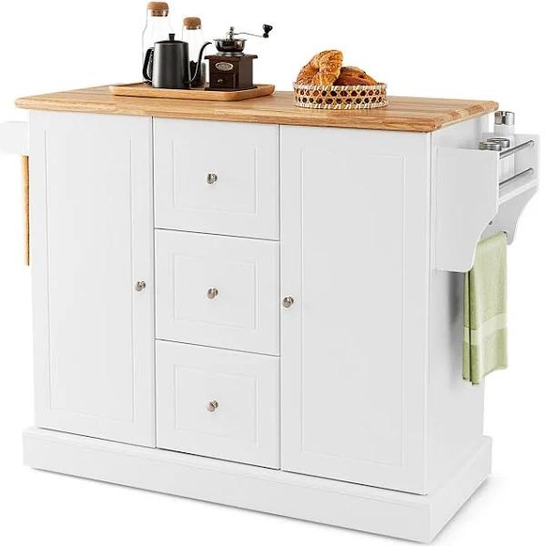 Giantex Mobile Kitchen Island Cart Serving Trolley w/Rubber Wood Countertop & Adjustable Shelves Buffet Sideboard Cabinet White