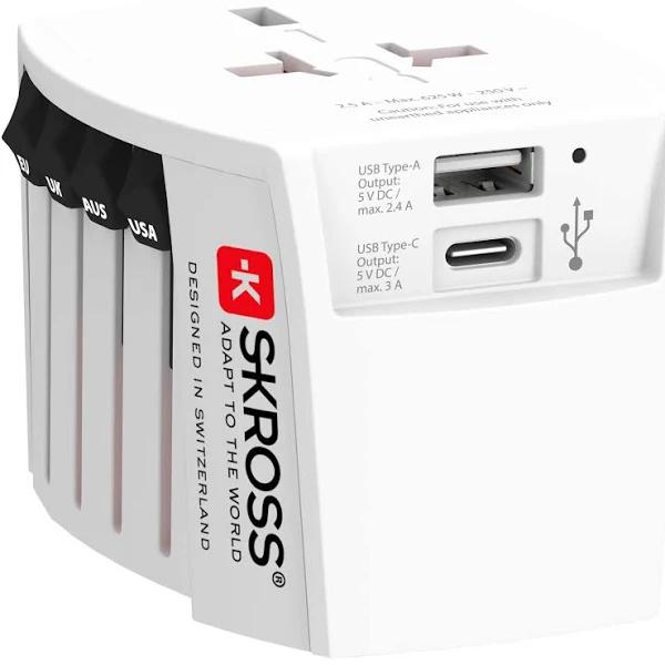 Skross Universal Travel Plug With USB and USB C, 1.302962, White