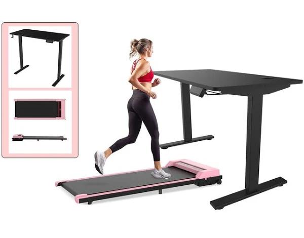 Advwin Adjustable Height Electric Standing Desk & Pink Walking Pad Treadmill Set For Home Office