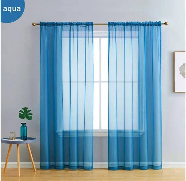 Pair of Aqua Blue Sheer Curtain 140x213cm Rod Pocket Voile Curtains