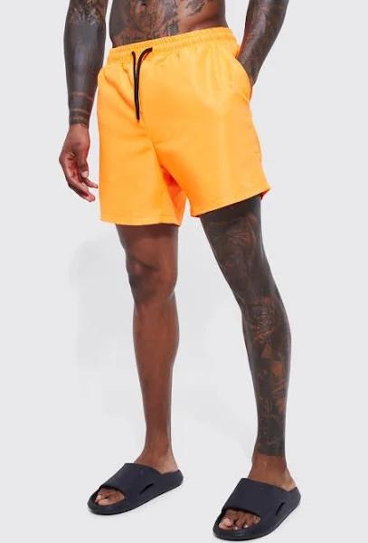 Mens Neon-Orange Mid Length Plain Swim Shorts