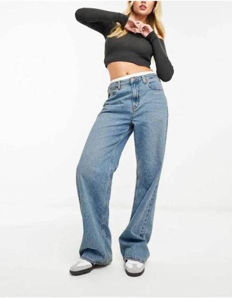 ASOS Design Wide Leg Dad Jeans in Mid Blue