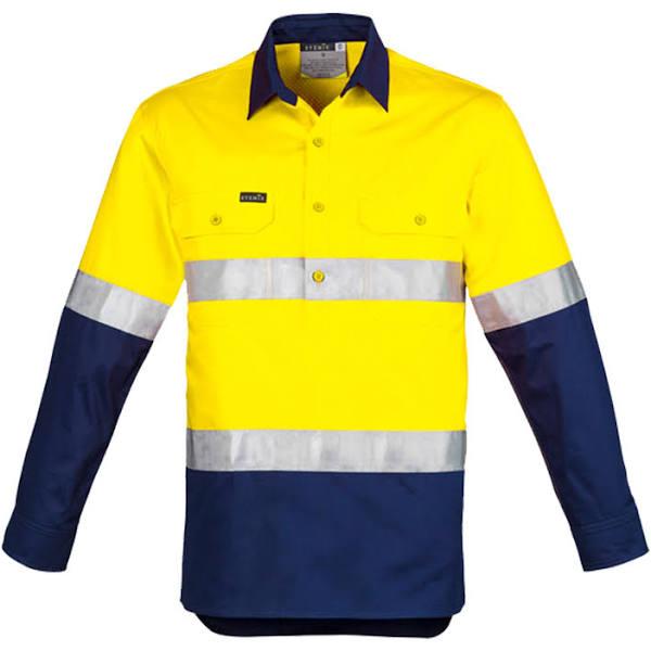 Syzmik Mens Hi Vis Closed Front L/S Shirt - Hoop Taped (ZW550) 2XL / Yellow/Navy