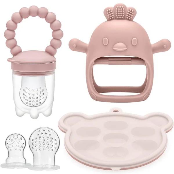 3 Pack Silicone Teething Mitten for Babies with Baby Fruit Food Feeder & Freezer Tray Set, BPA Free Infant Teething Relief Toy for 3 Month+,