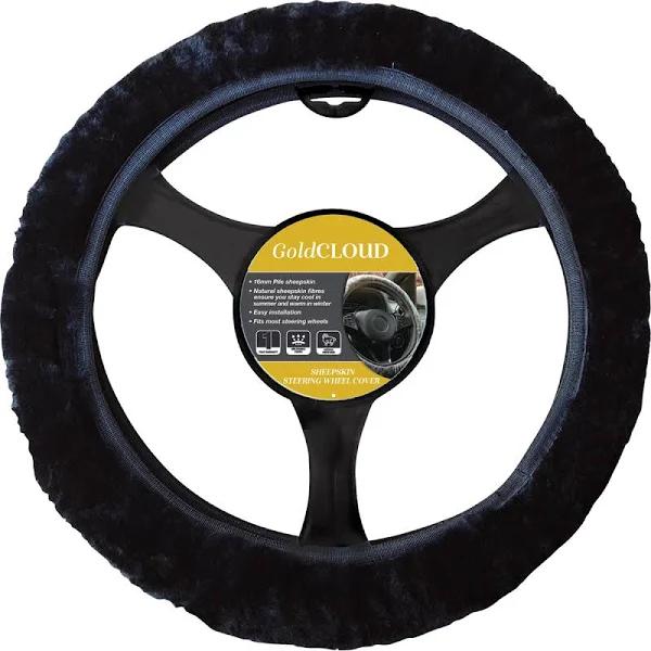 CLOUDLUX Steering Wheel Cover - Sheepskin, Black, 380mm Diameter