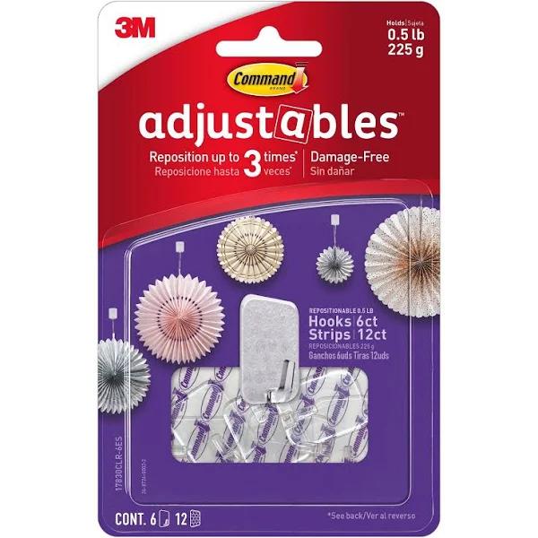 Command Adjustables Adhesive Small Repositionable Wall Hooks Clear - 6 Pack