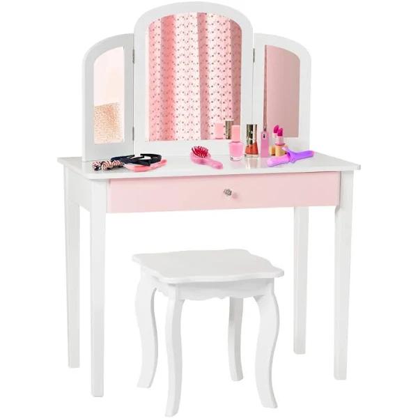 Giantex Kids Makeup Dressing Table Stool Set Folding Mirror Princess Vanity Writing Desk Birthday Gift w/Drawer,White