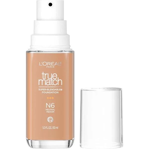 L'Oreal Paris True Match Super-Blendable Foundation, Medium Coverage Liquid Foundation Makeup with SPF 17, N6, Medium, 1 fl oz