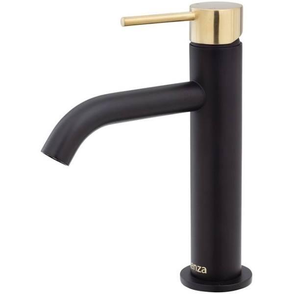 Fienza Kaya Basin Mixer - Matte Black With Urban Brass Handle